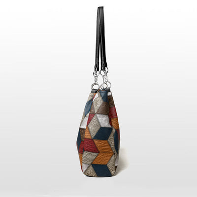 Retro Geometric Pattern Color-matching Shoulder Bag Fashion Large Capacity Stitching Handbag For Women Totes